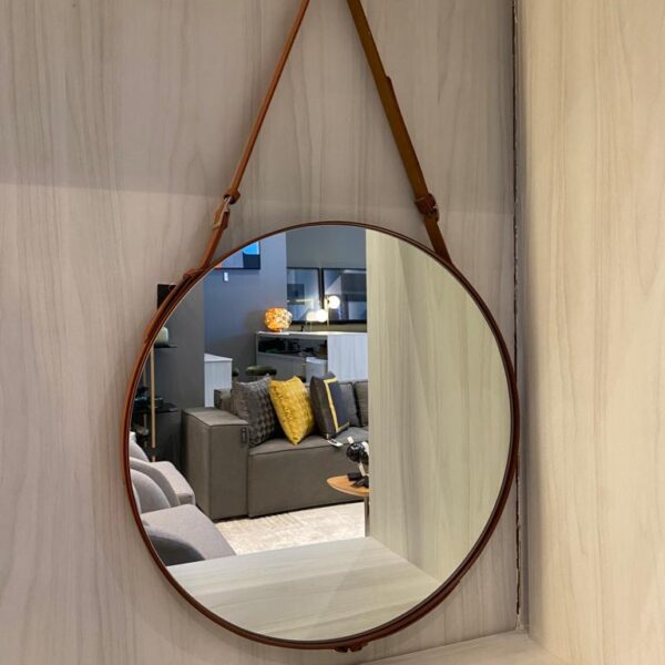 ESPELHO REDONDO COM ALCA COURO 60X60