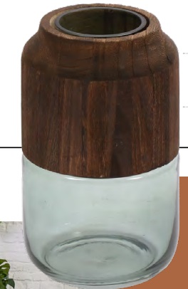 VASO DE VIDRO E MADEIRA MARROM