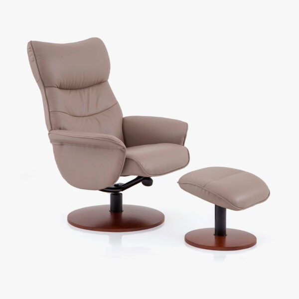 POLTRONA LAVALLE COM PUFF BASE MADEIRA GIR EM COURO TAUPE