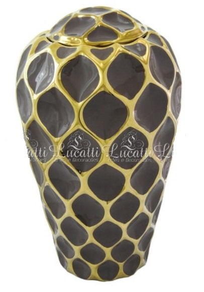 VASO EM CERAMICA MARRON E DOURADO COM TAMPA