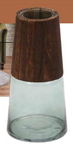 VASO DE VIDRO E MADEIRA MARROM